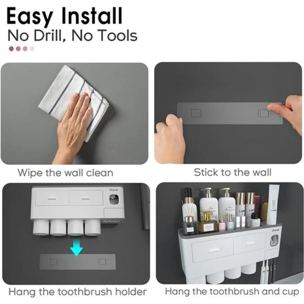 Toothbrush Holders for Bathrooms, 4 Cups Toothbrush Holder Wall Mounted